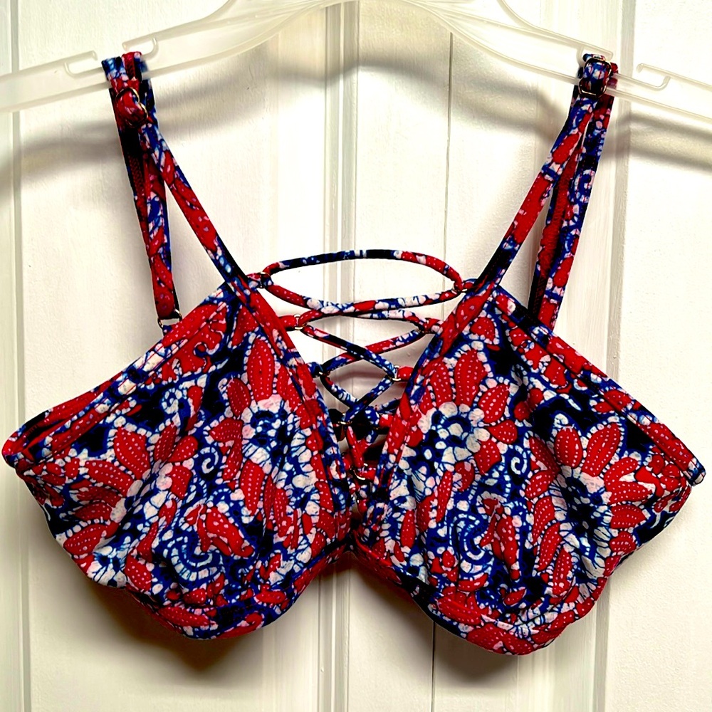 Michael Kors Red White Blue Floral Print Spaghetti Strap Halter Top Size M